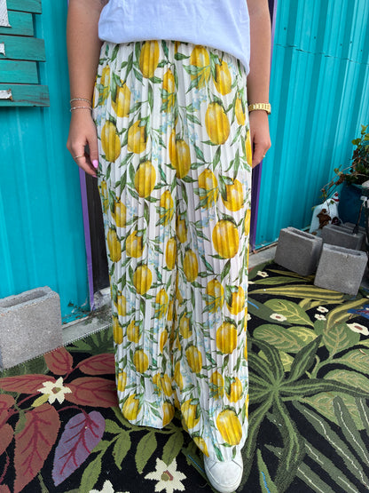 Pleated Palazzo Pants Lemon Print White