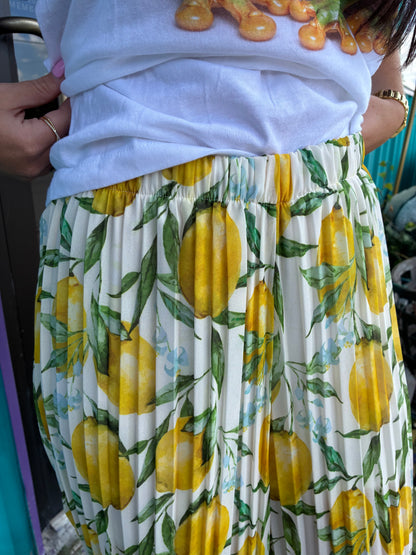 Pleated Palazzo Pants Lemon Print White