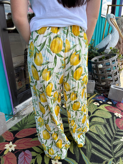 Pleated Palazzo Pants Lemon Print White