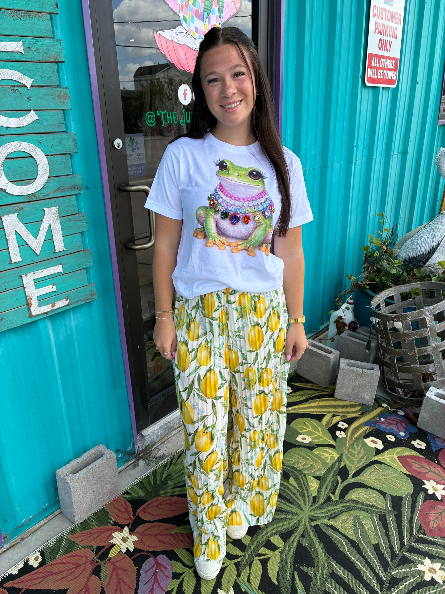 Pleated Palazzo Pants Lemon Print White