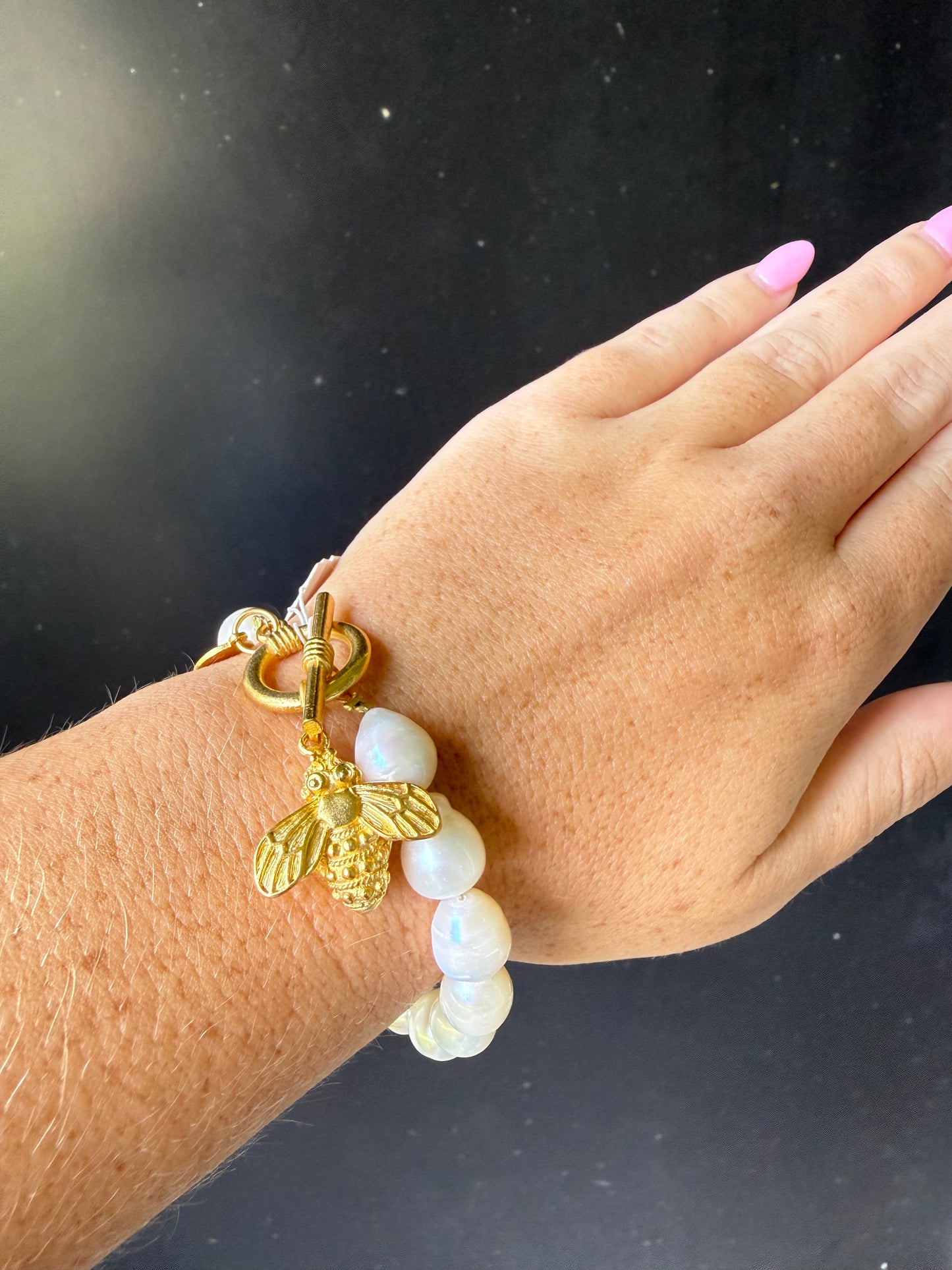 Gold Bee on Genuine Freshwater Pearl Bracelet