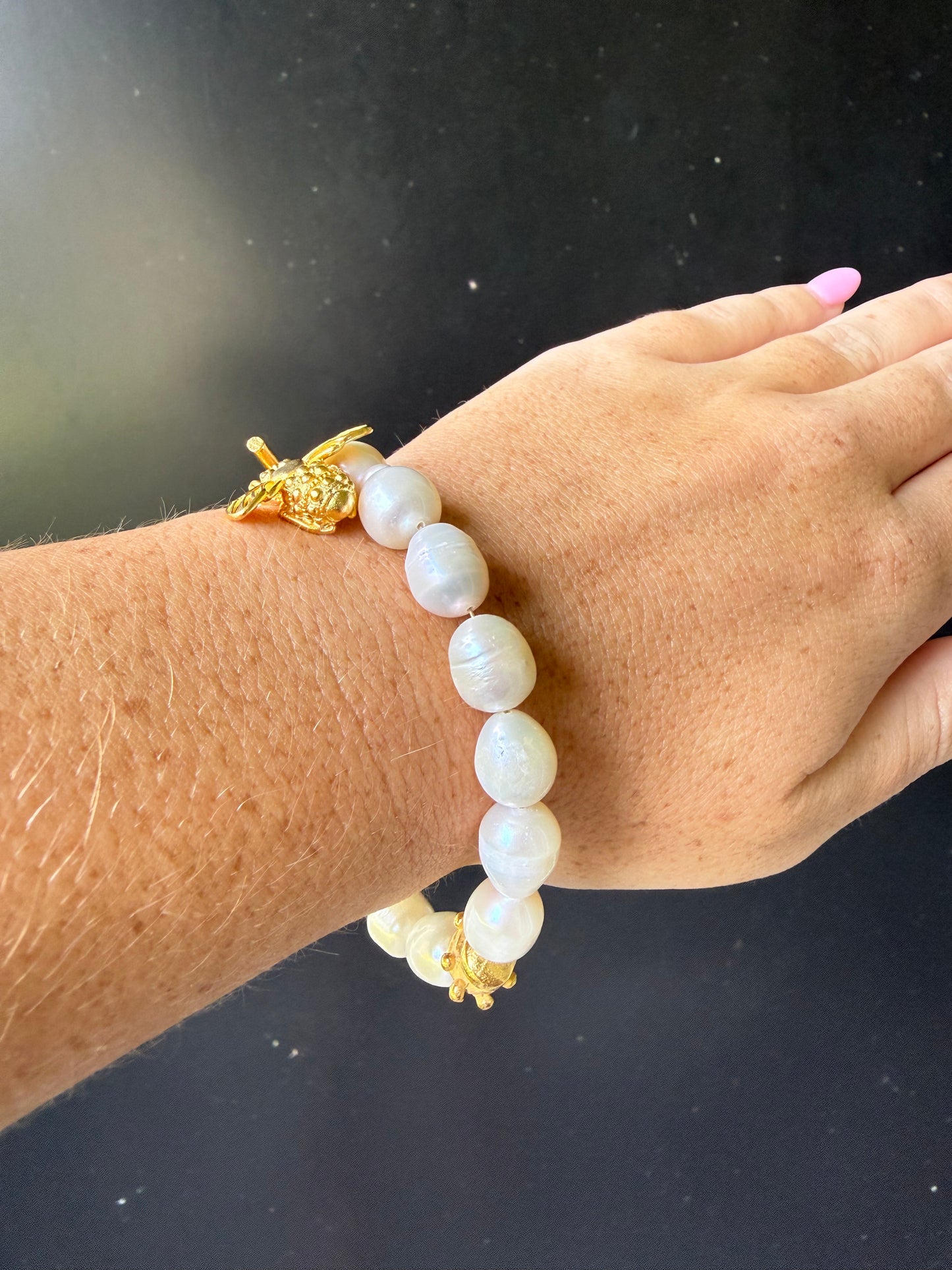 Gold Bee on Genuine Freshwater Pearl Bracelet