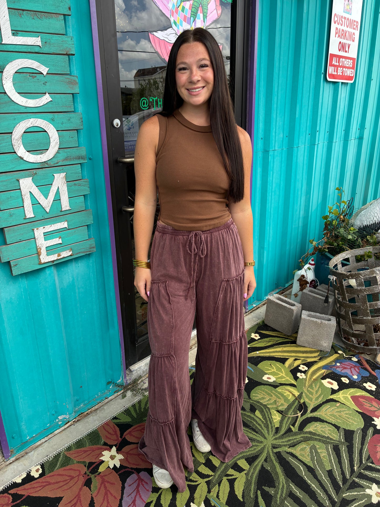 Mineral Washed Tiered Wide Leg Pants