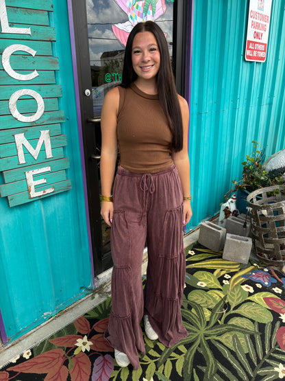 Mineral Washed Tiered Wide Leg Pants