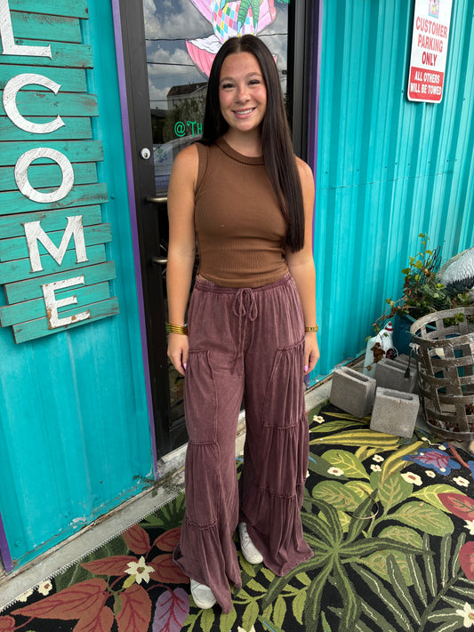 Mineral Washed Tiered Wide Leg Pants