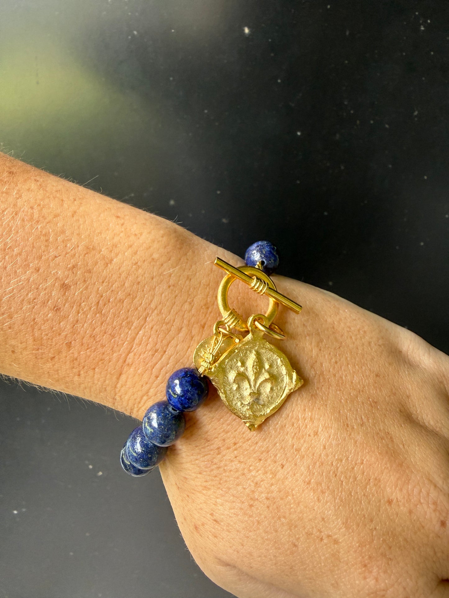 Gold Fleur de Lis on Genuine Lapis Bracelet