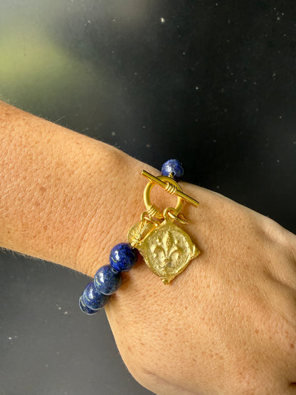Gold Fleur de Lis on Genuine Lapis Bracelet