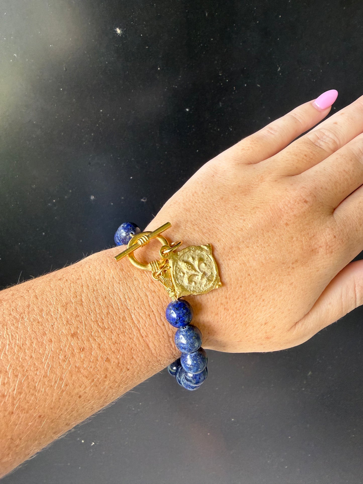 Gold Fleur de Lis on Genuine Lapis Bracelet