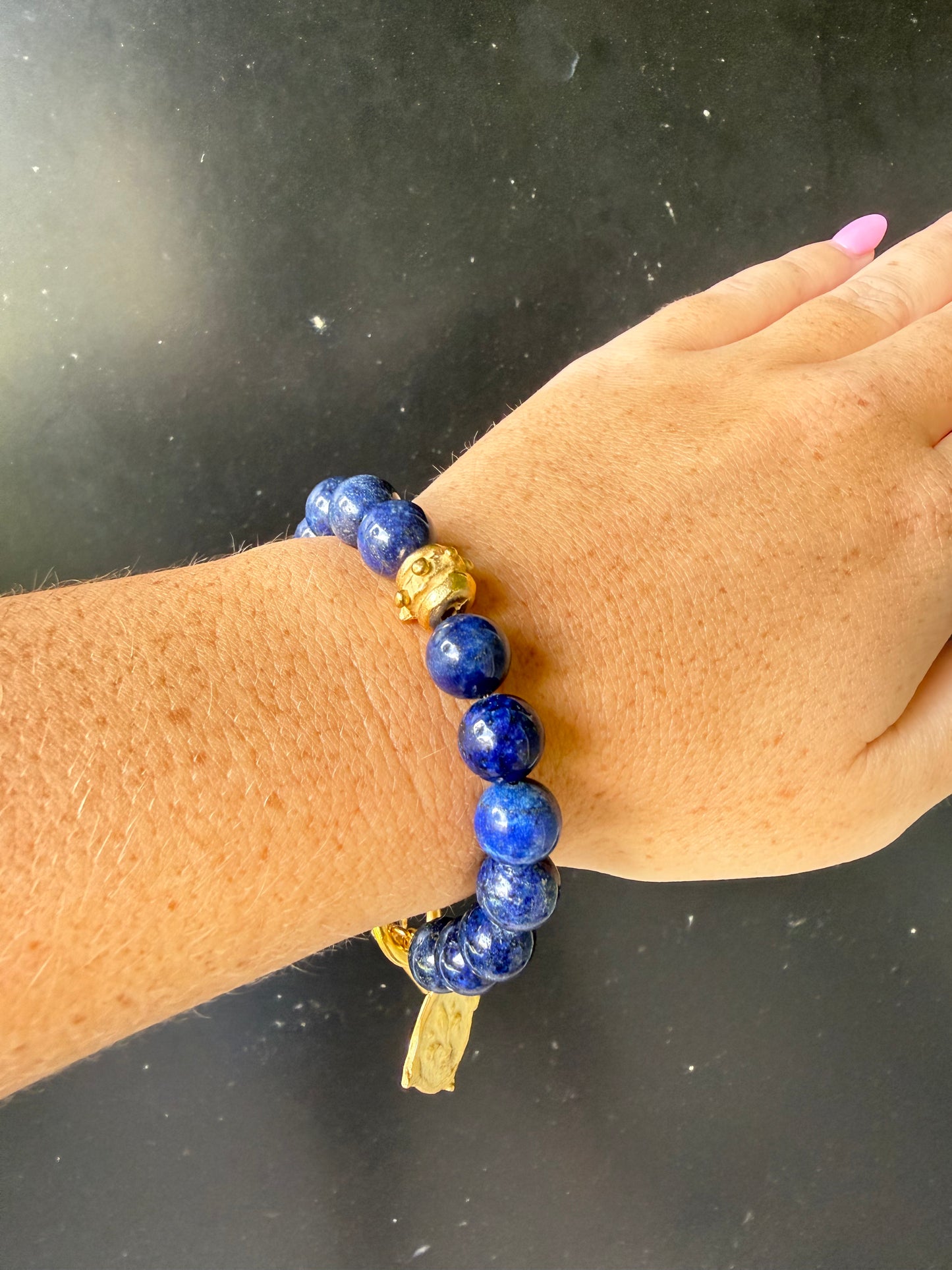 Gold Fleur de Lis on Genuine Lapis Bracelet
