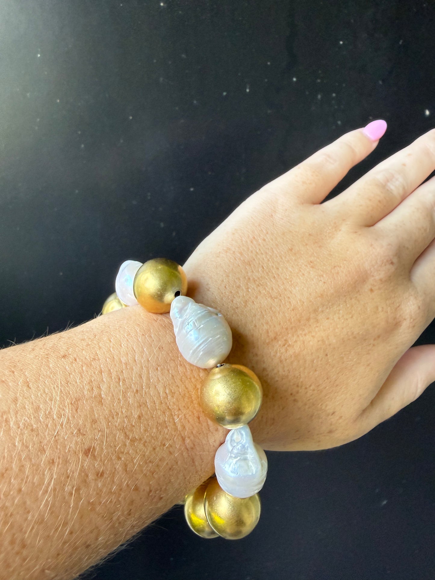 Gold Plated Ball & Baroque Pearl Stretch Bracelet