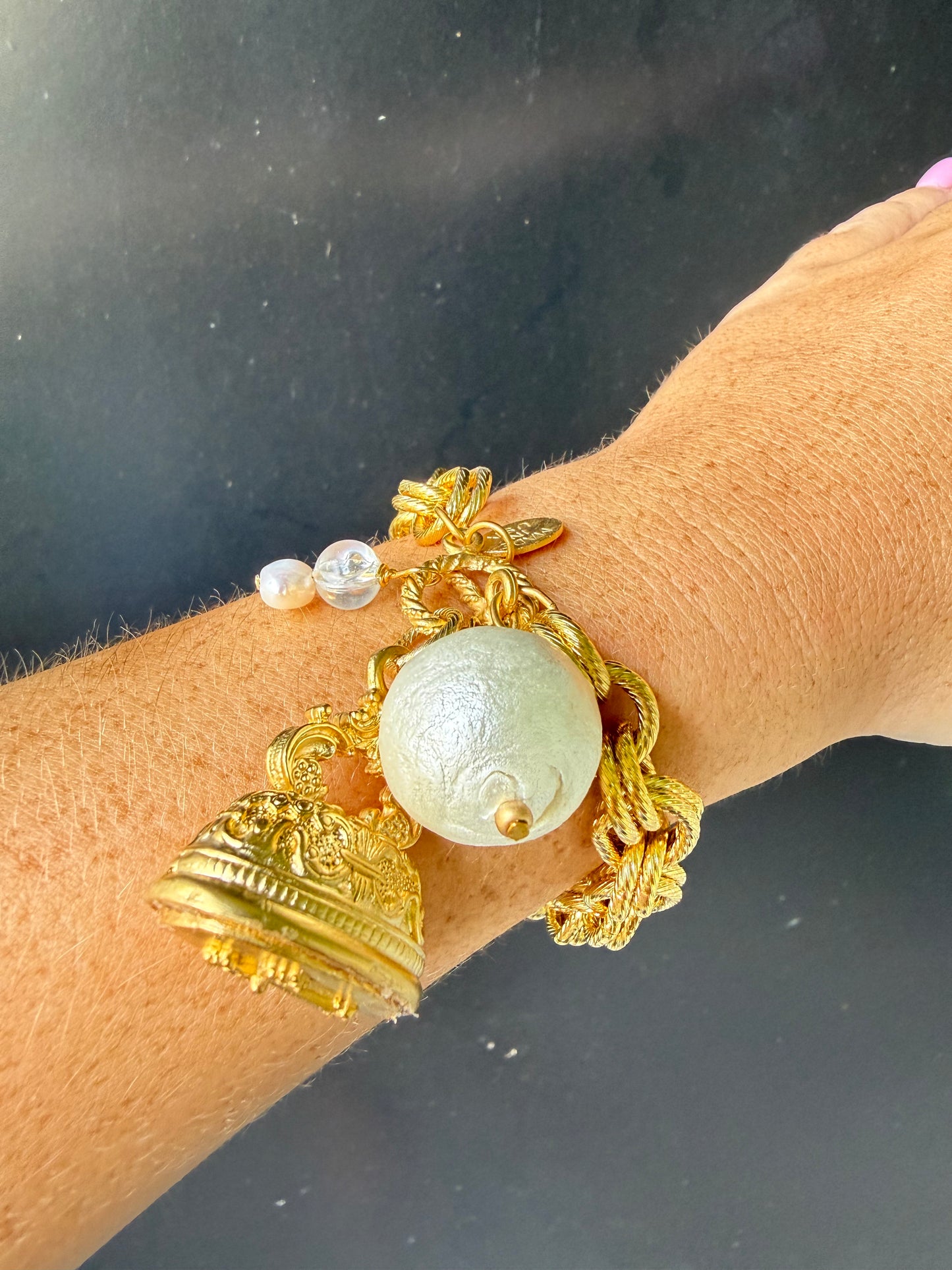 Gold Vintage Cross Charm with Cotton Pearl Bracelet