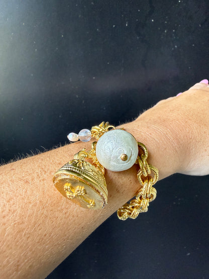 Gold Vintage Cross Charm with Cotton Pearl Bracelet