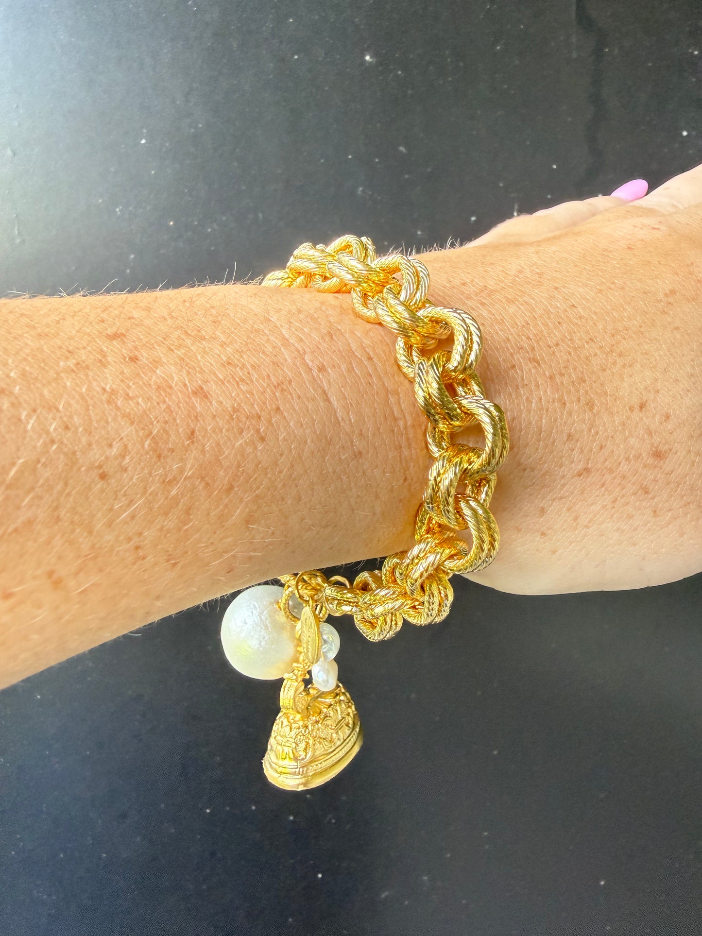 Gold Vintage Cross Charm with Cotton Pearl Bracelet