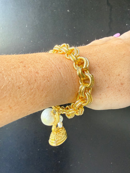 Gold Vintage Cross Charm with Cotton Pearl Bracelet
