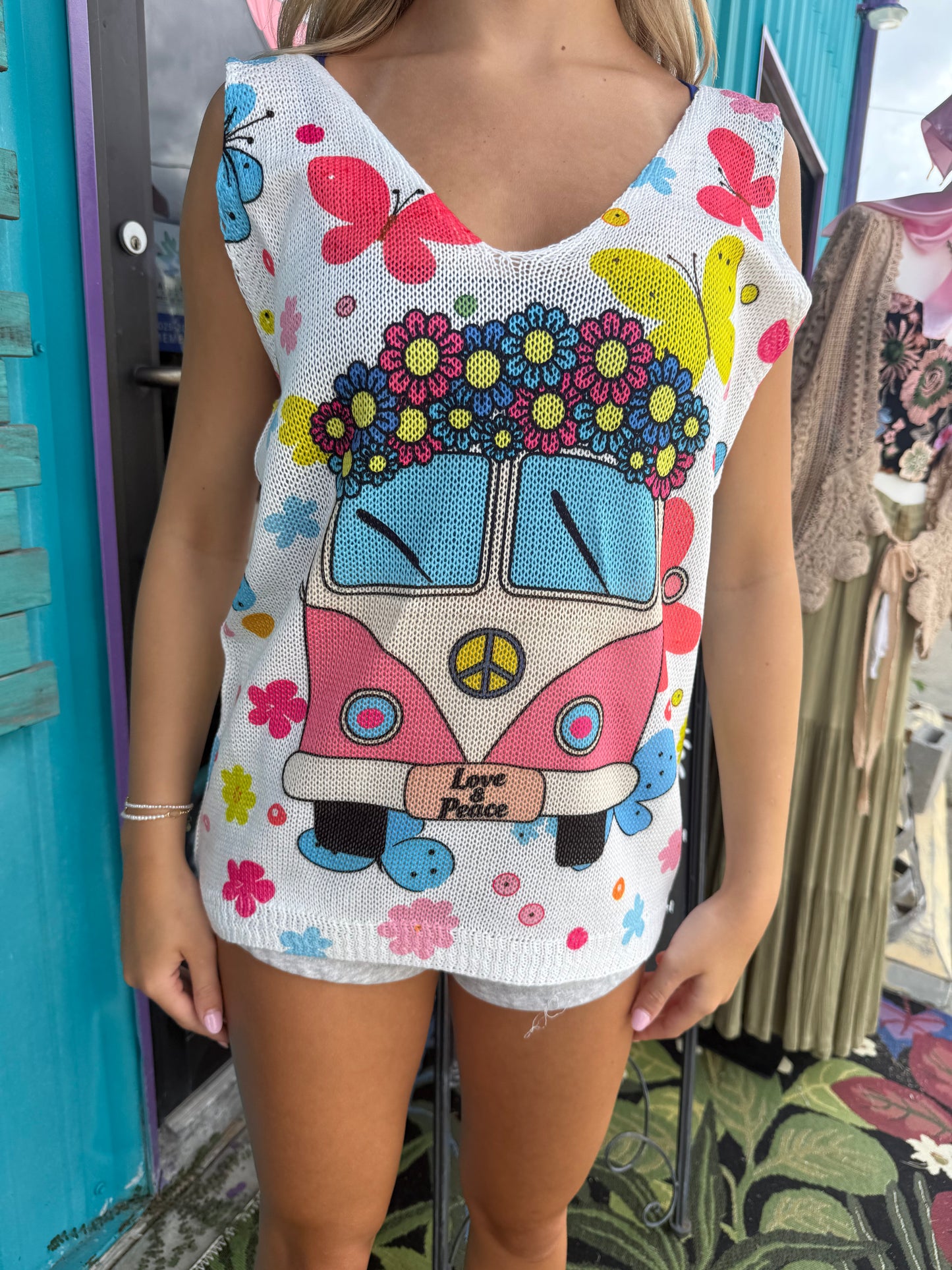 Pink Van Knit Printed Sleeveless Sweater
