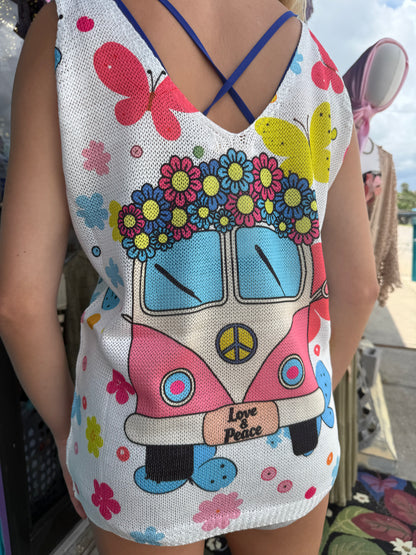 Pink Van Knit Printed Sleeveless Sweater