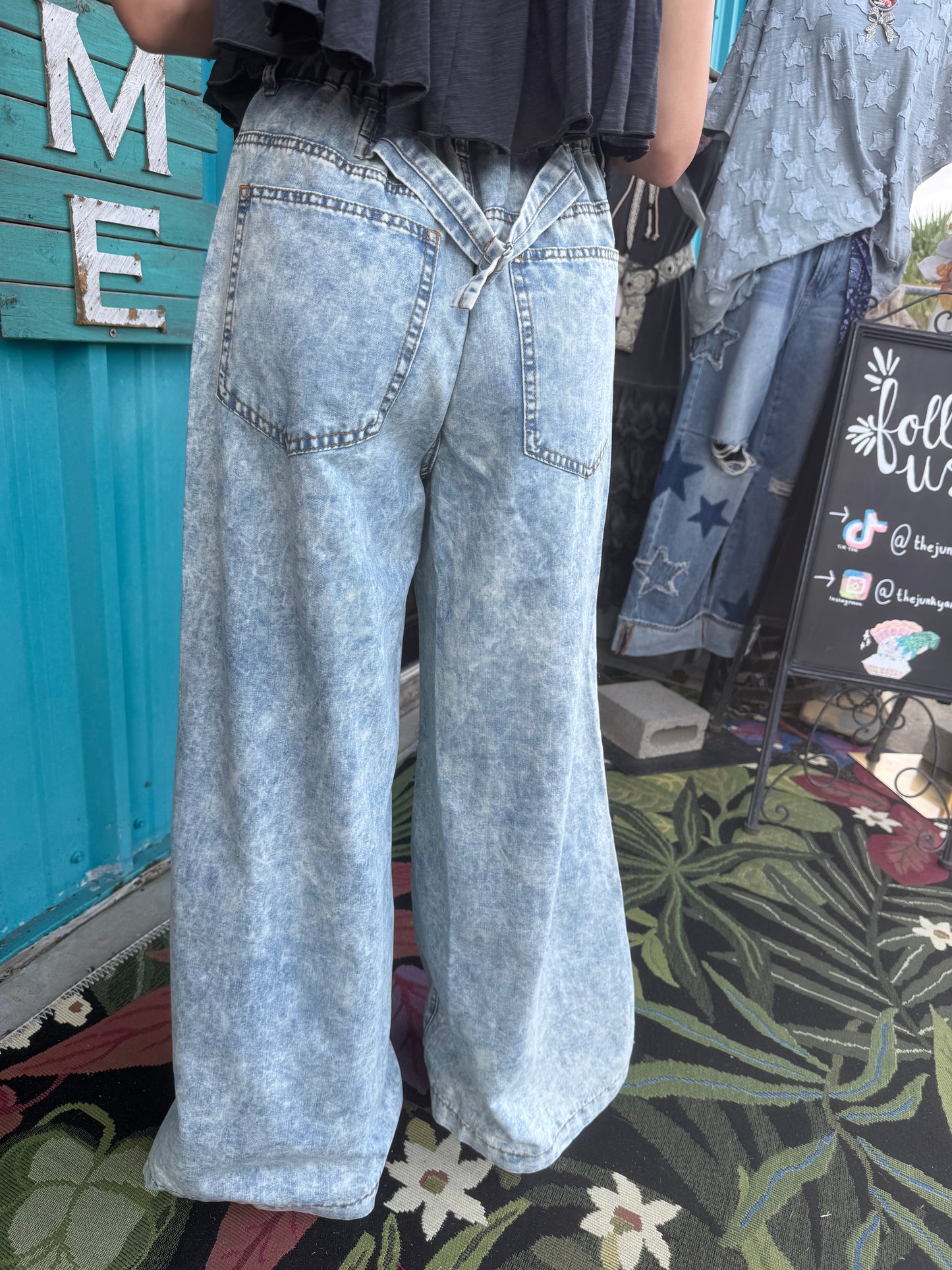 Stud Eyelet Lace Patch Wide Leg Pants
