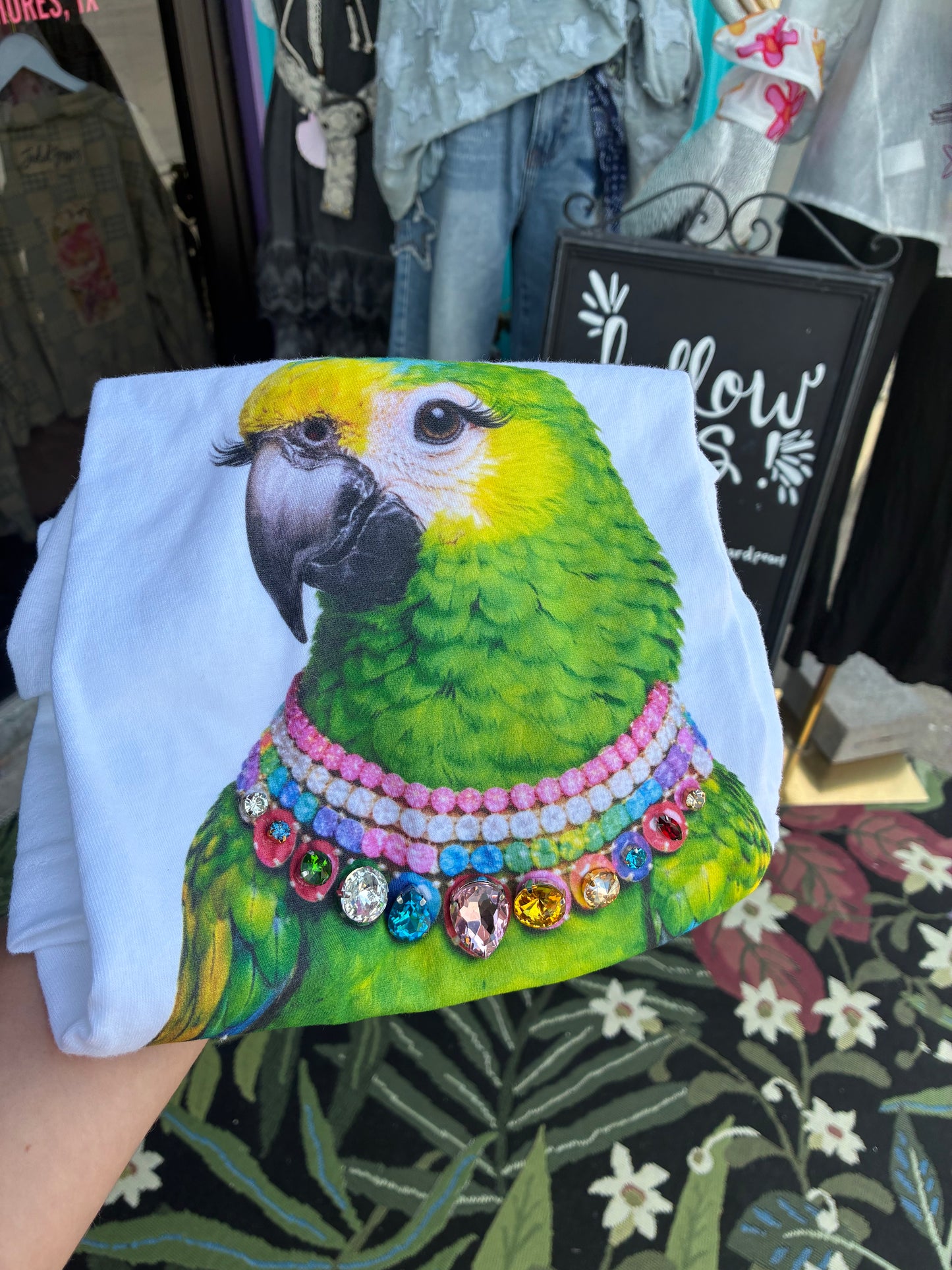 Jeweled Collar Bird on White Or Natural Crew