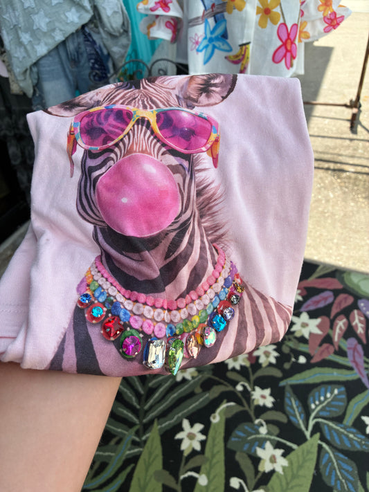 Pink Jeweled Collar Bubble Gum Zebra T-Shirt