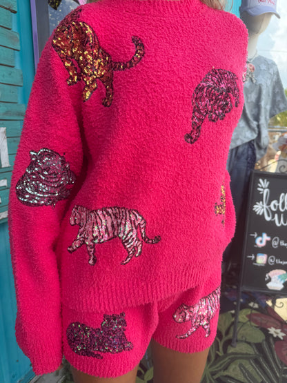 Cozy Multi Tiger Sequin top with Matching Shorts