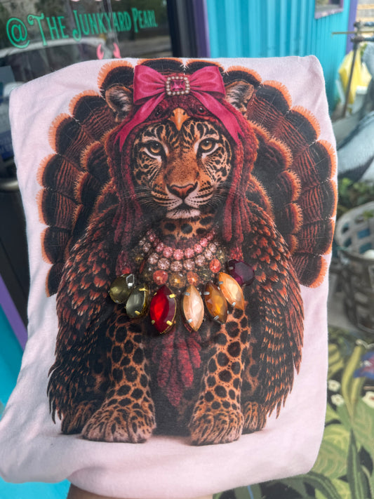 Jeweled Collar Turkey Leopard on Light Pink Crew