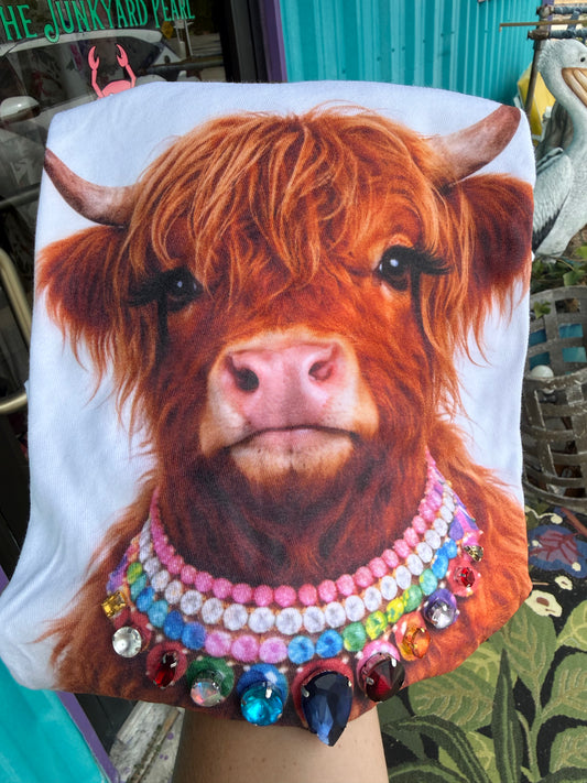 Jeweled Collar Highland Cow on White  Crew