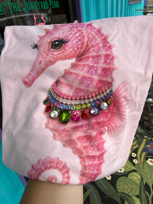 Jeweled Collar Seahorse on Light Pink Crew