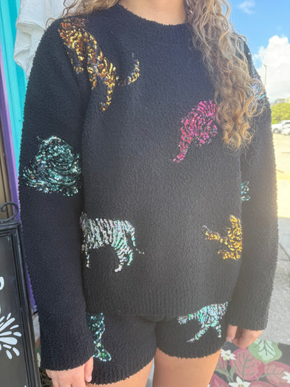 Cozy Multi Tiger Sequin top with Matching Shorts