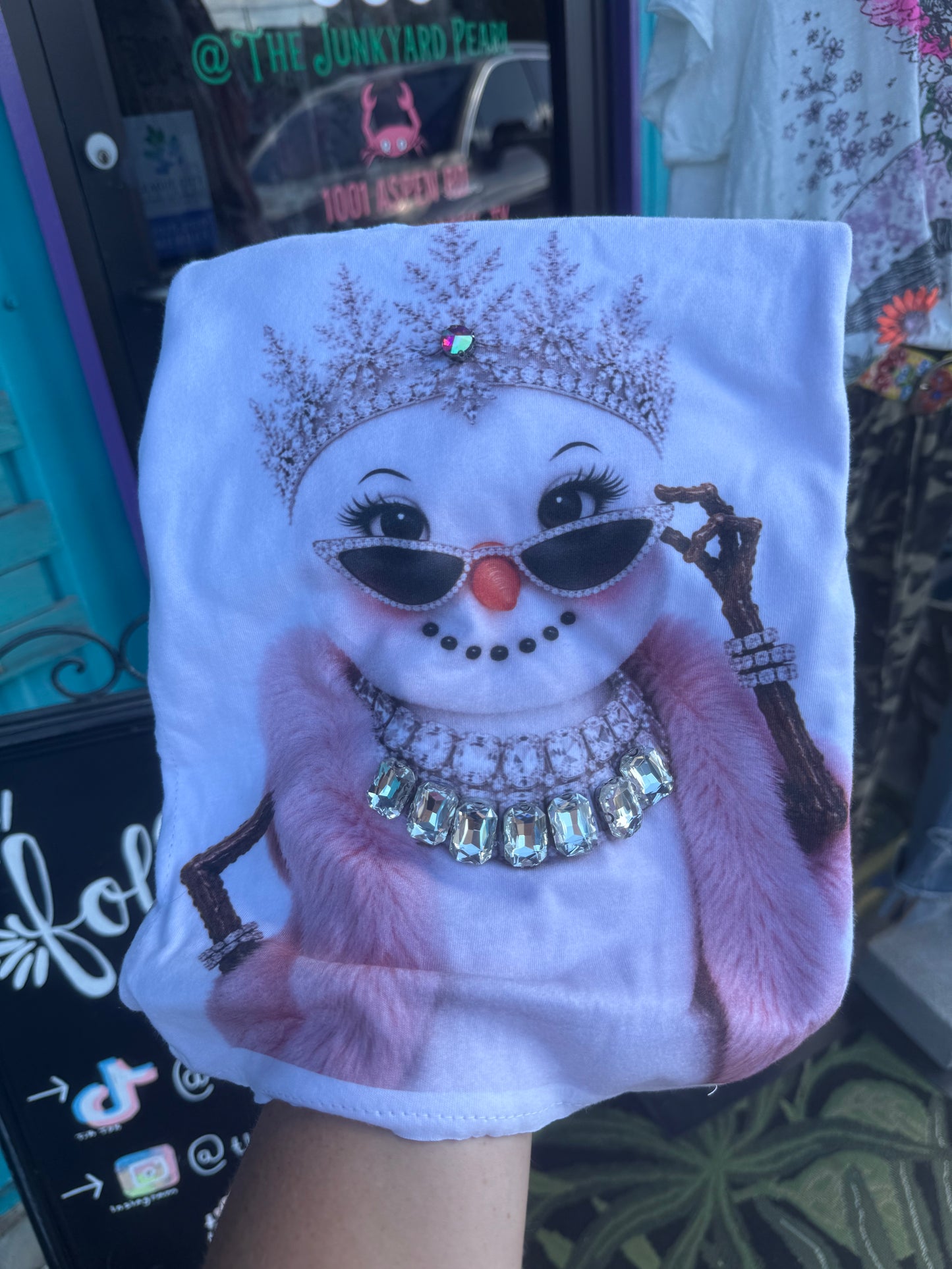 Jeweled Collar Fancy Snowlady patch on Light Pink Crew