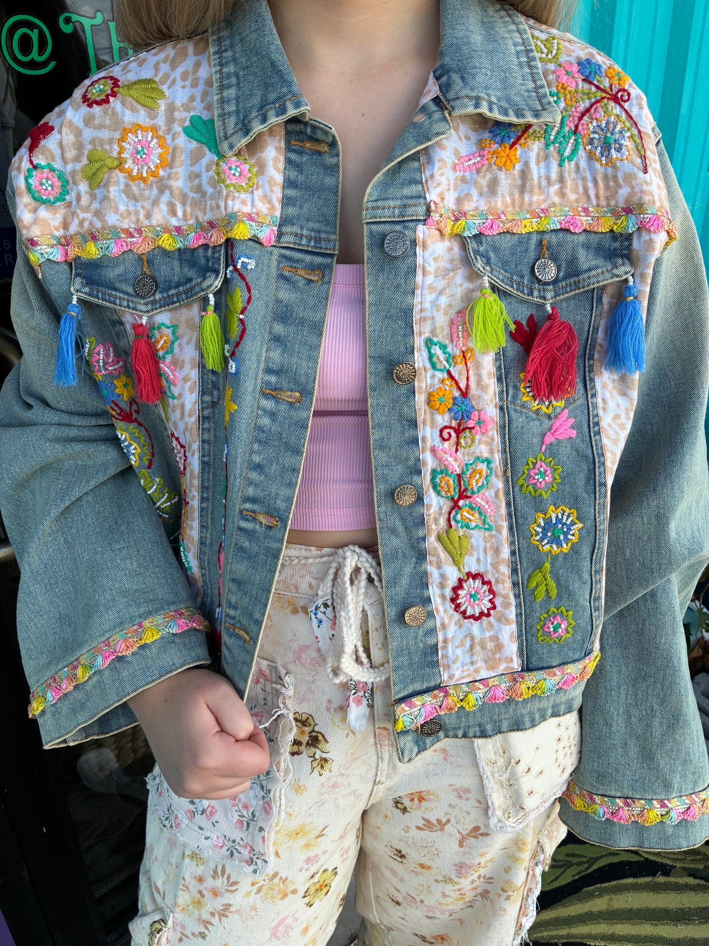 Floral Embroidery Lace Trim Tassel Denim Jacket