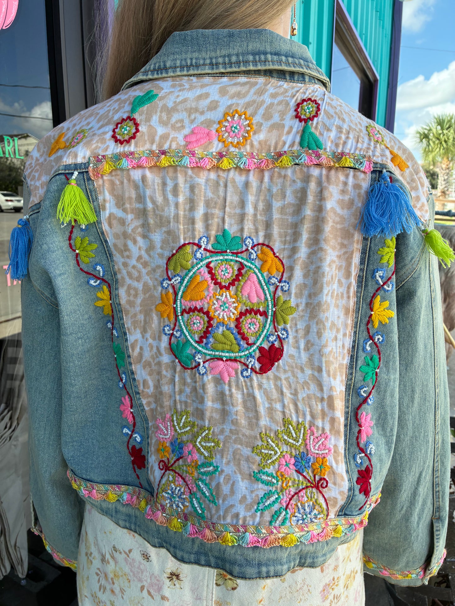 Floral Embroidery Lace Trim Tassel Denim Jacket