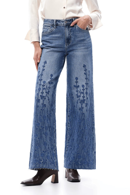 High Rise Embroidered Wide Leg Jeans