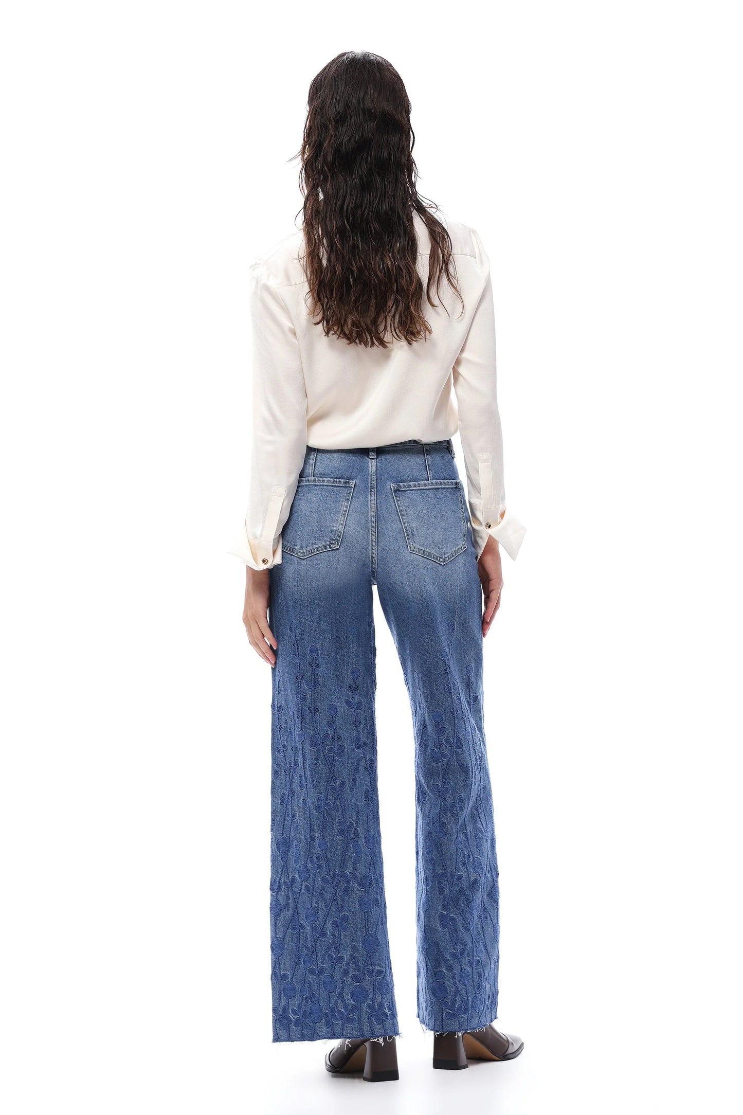 High Rise Embroidered Wide Leg Jeans