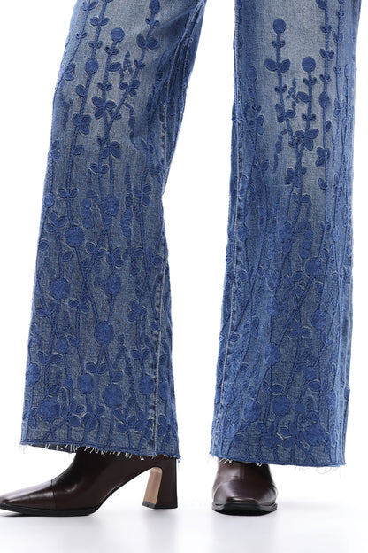 High Rise Embroidered Wide Leg Jeans