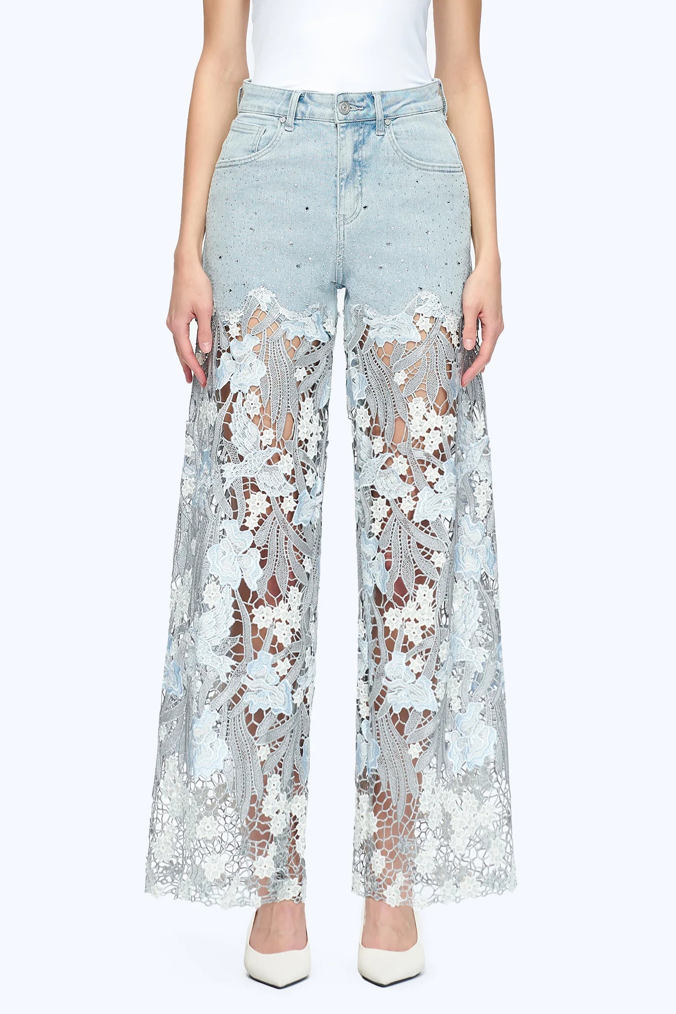 Lesley Ankle Embroidered Lace Wide Leg Jeans