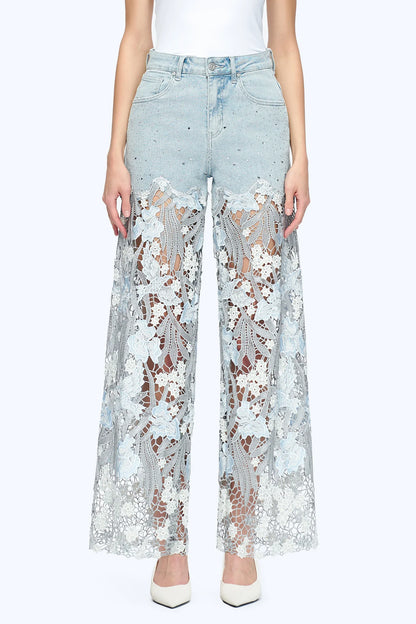 Lesley Ankle Embroidered Lace Wide Leg Jeans