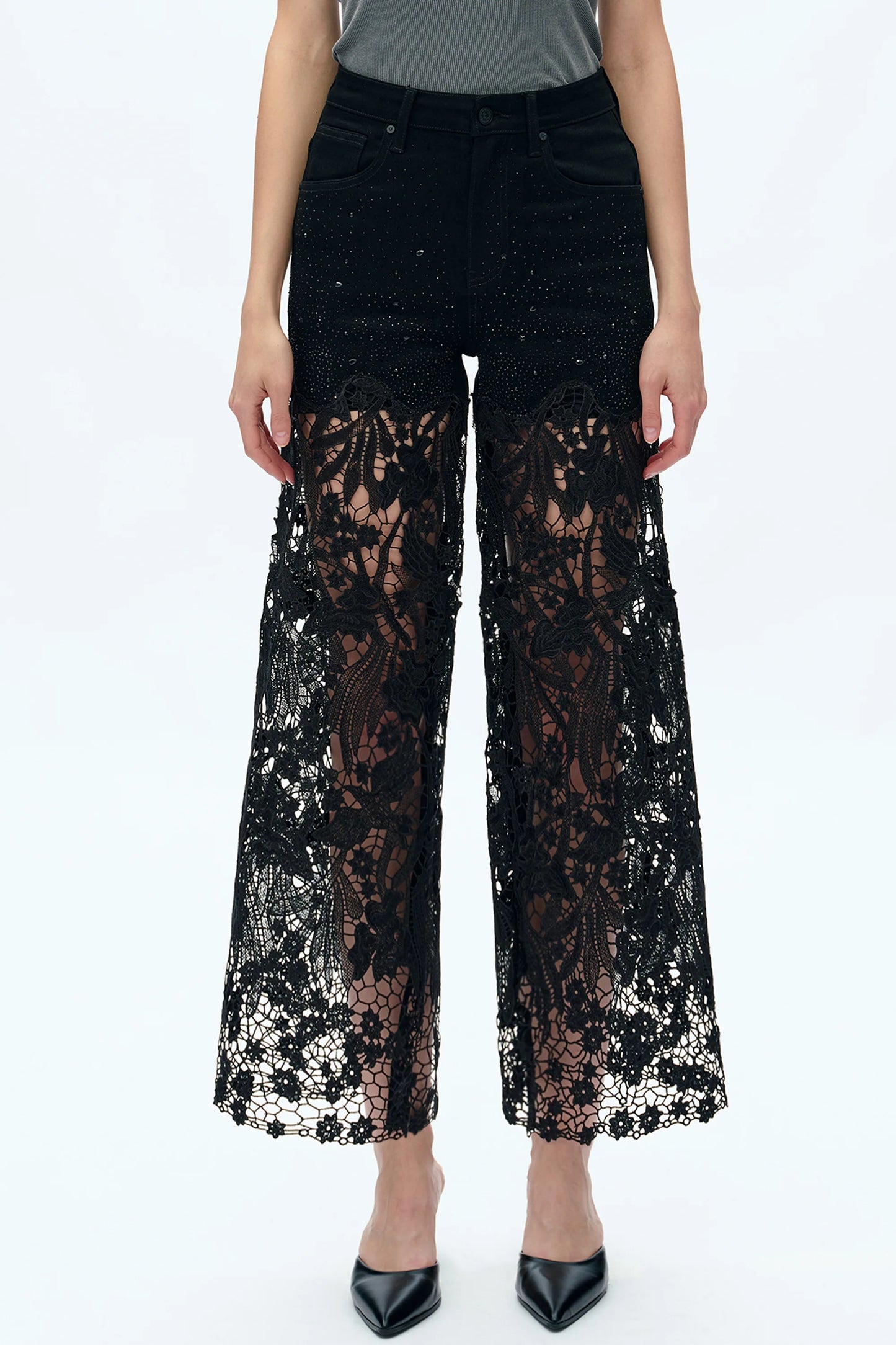 Black Ankle Embroidered Lace Wide Leg Jeans