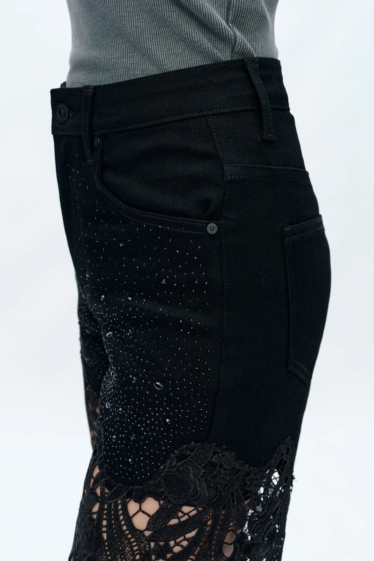 Black Ankle Embroidered Lace Wide Leg Jeans