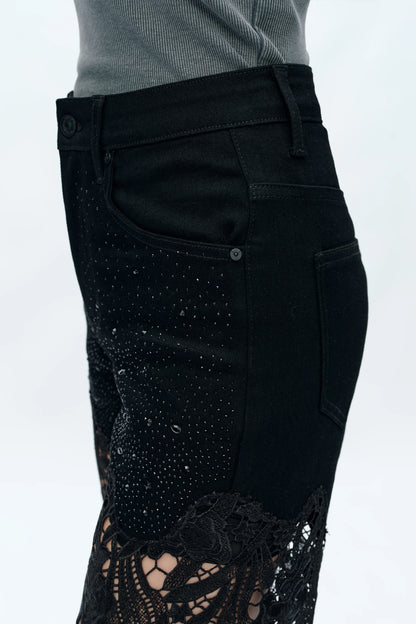 Black Ankle Embroidered Lace Wide Leg Jeans