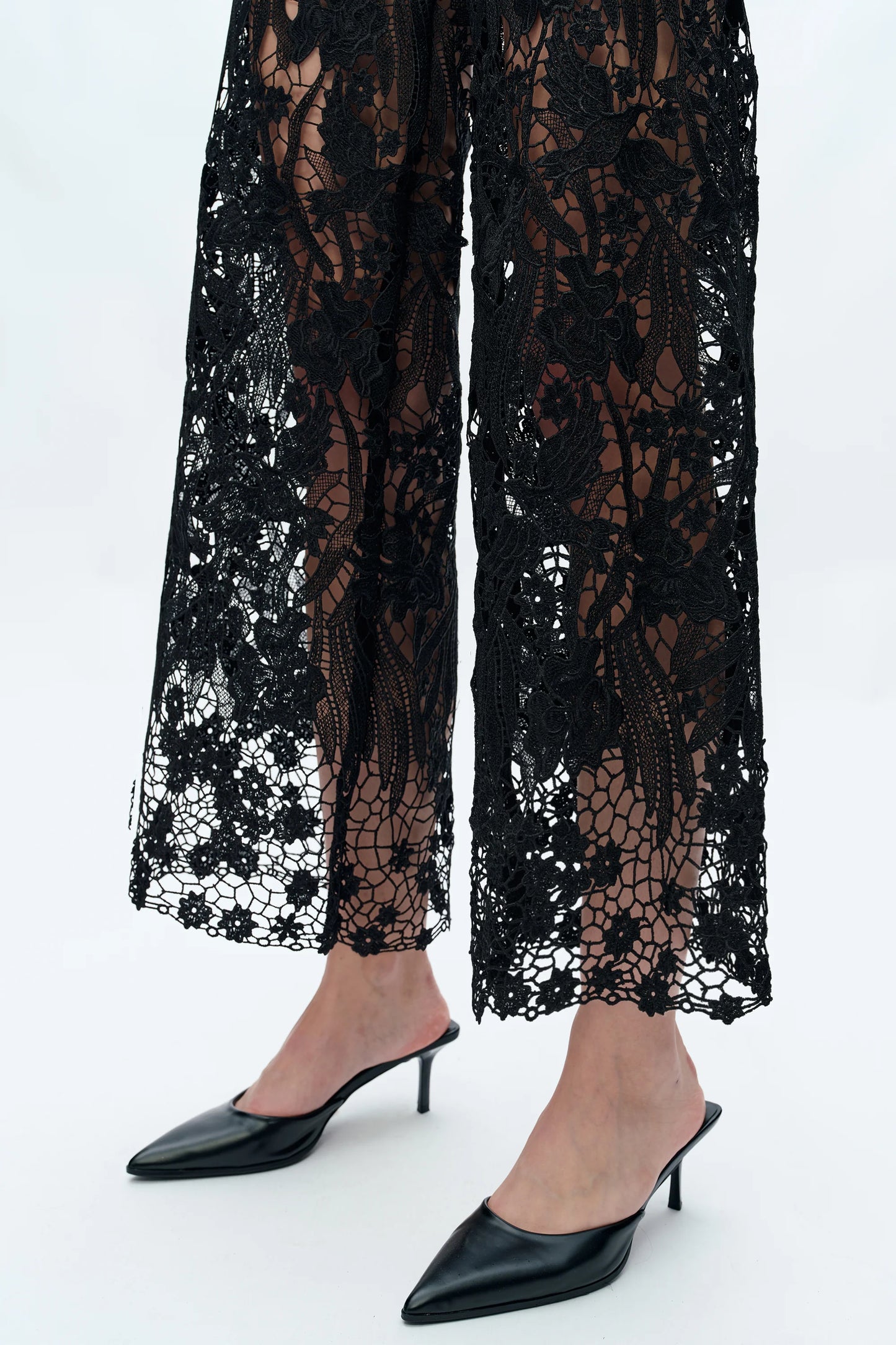 Black Ankle Embroidered Lace Wide Leg Jeans