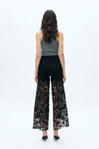 Black Ankle Embroidered Lace Wide Leg Jeans