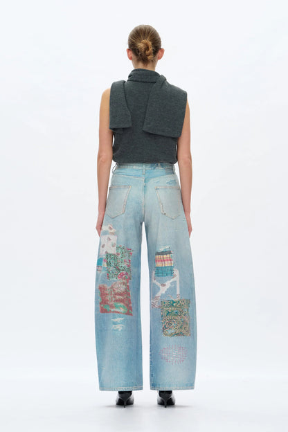 High Rise Printed Barrel Leg Jeans