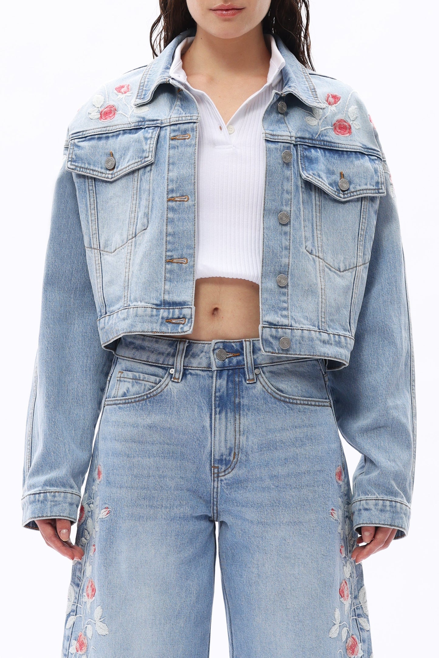 Cropped Floral Embroidered Denim Jacket