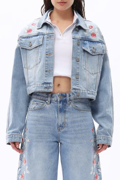 Cropped Floral Embroidered Denim Jacket