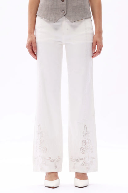Mid Rise White Embroidered Lace Straight Leg Pants