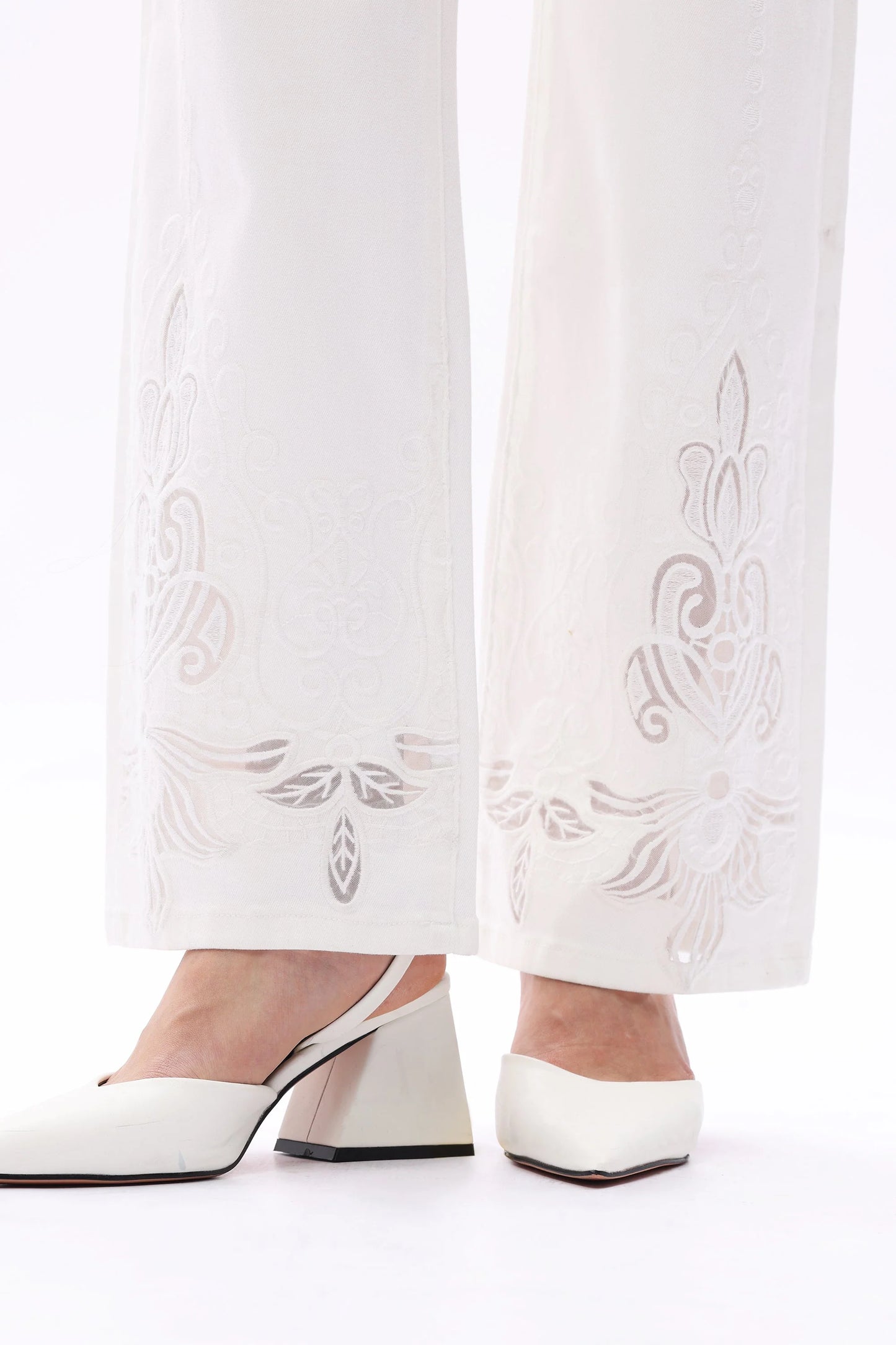 Mid Rise White Embroidered Lace Straight Leg Pants