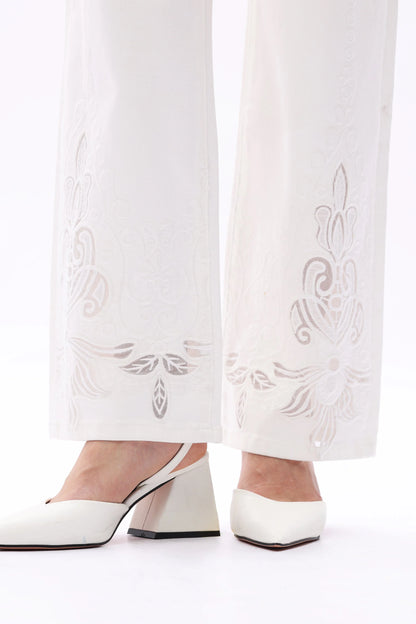Mid Rise White Embroidered Lace Straight Leg Pants