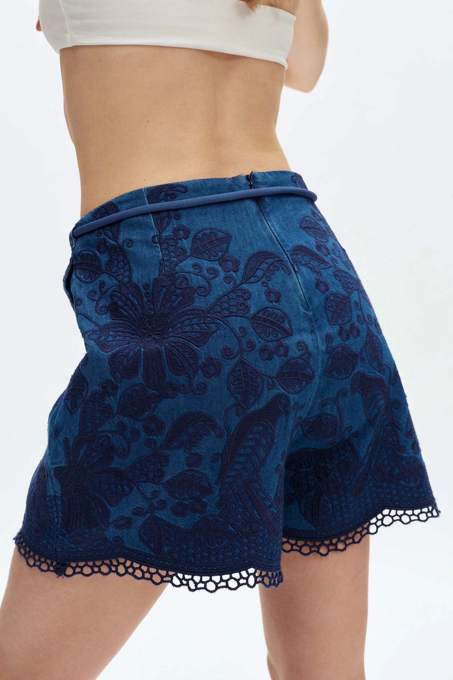 High Rise Embroidered Paisley Denim Shorts