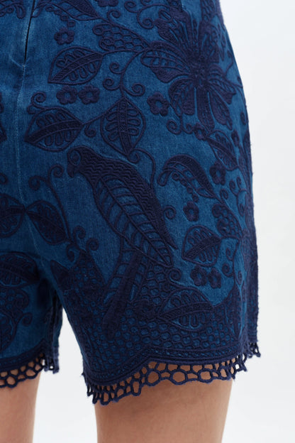 High Rise Embroidered Paisley Denim Shorts
