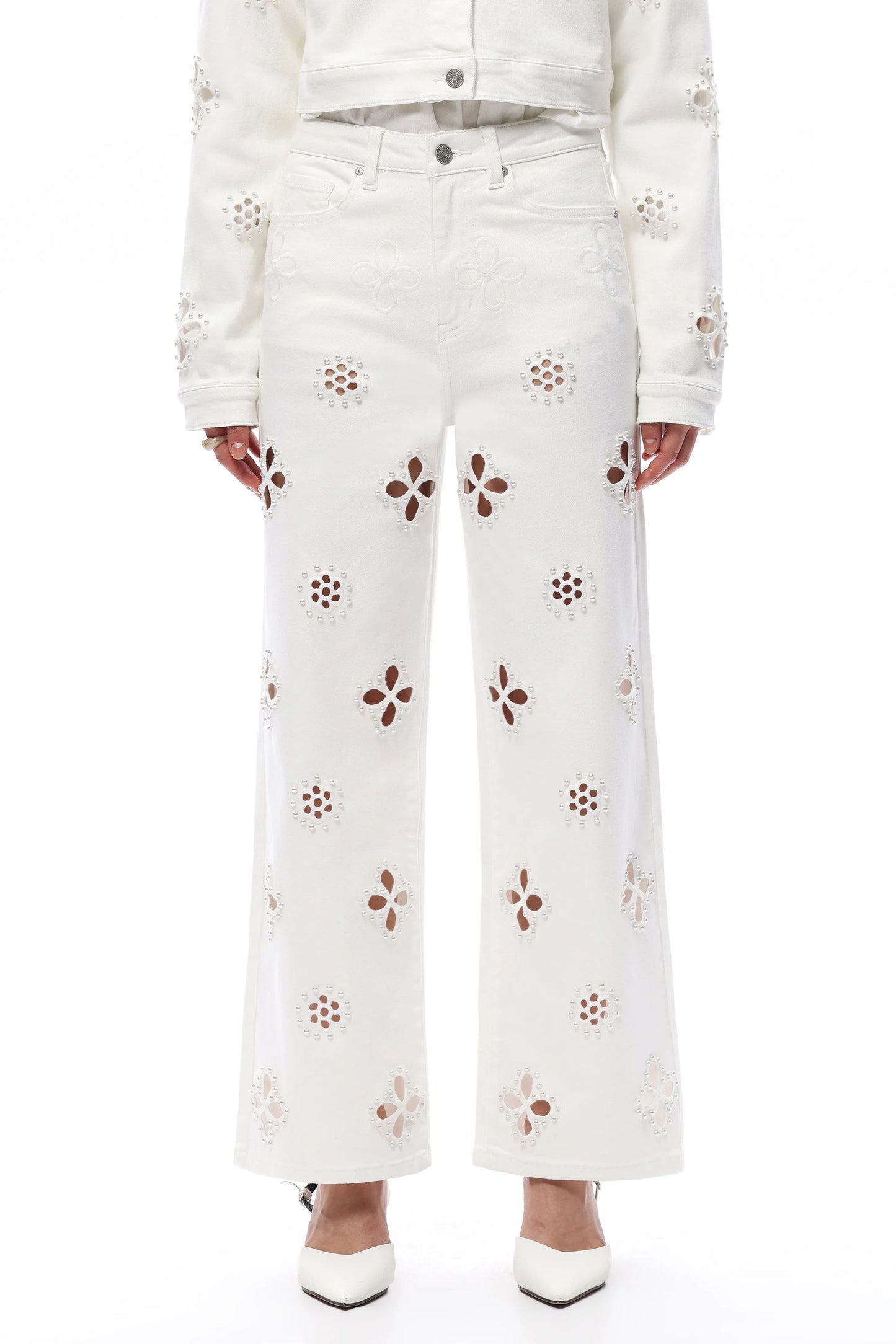 High Rise White Floral Embroidered Straight Leg Jeans